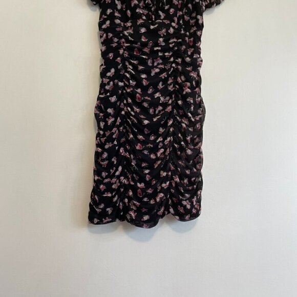 ULTRA FLIRT Black Burgundy Butterfly Print Mesh Tie Neck Y2K Ruched Mini Dress M - Picture 5 of 15
